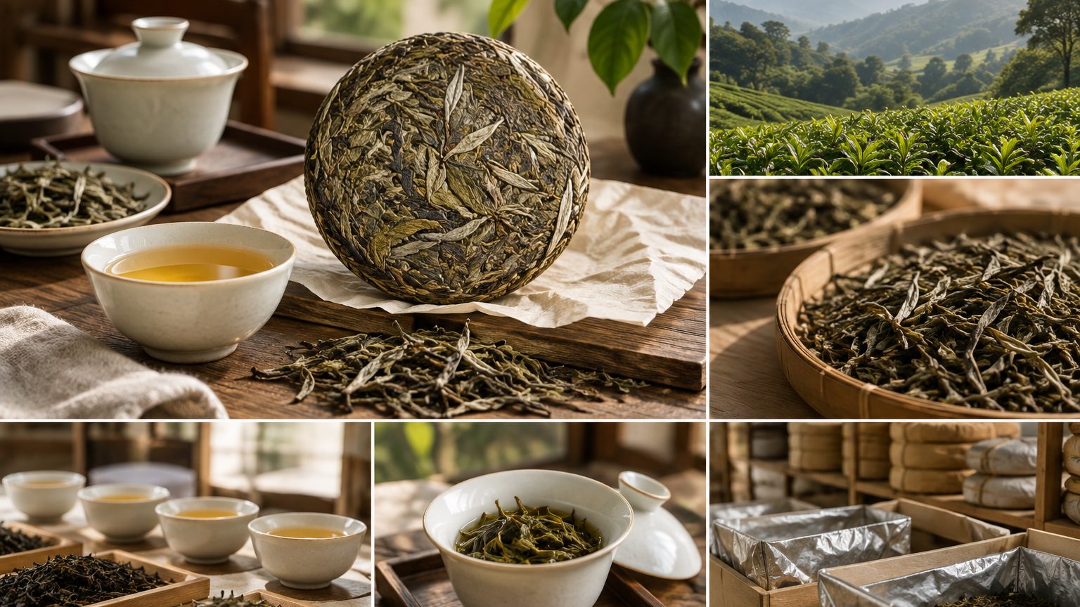 Raw pu-erh sheng cake broken open beside a pale yellow-green infused cup