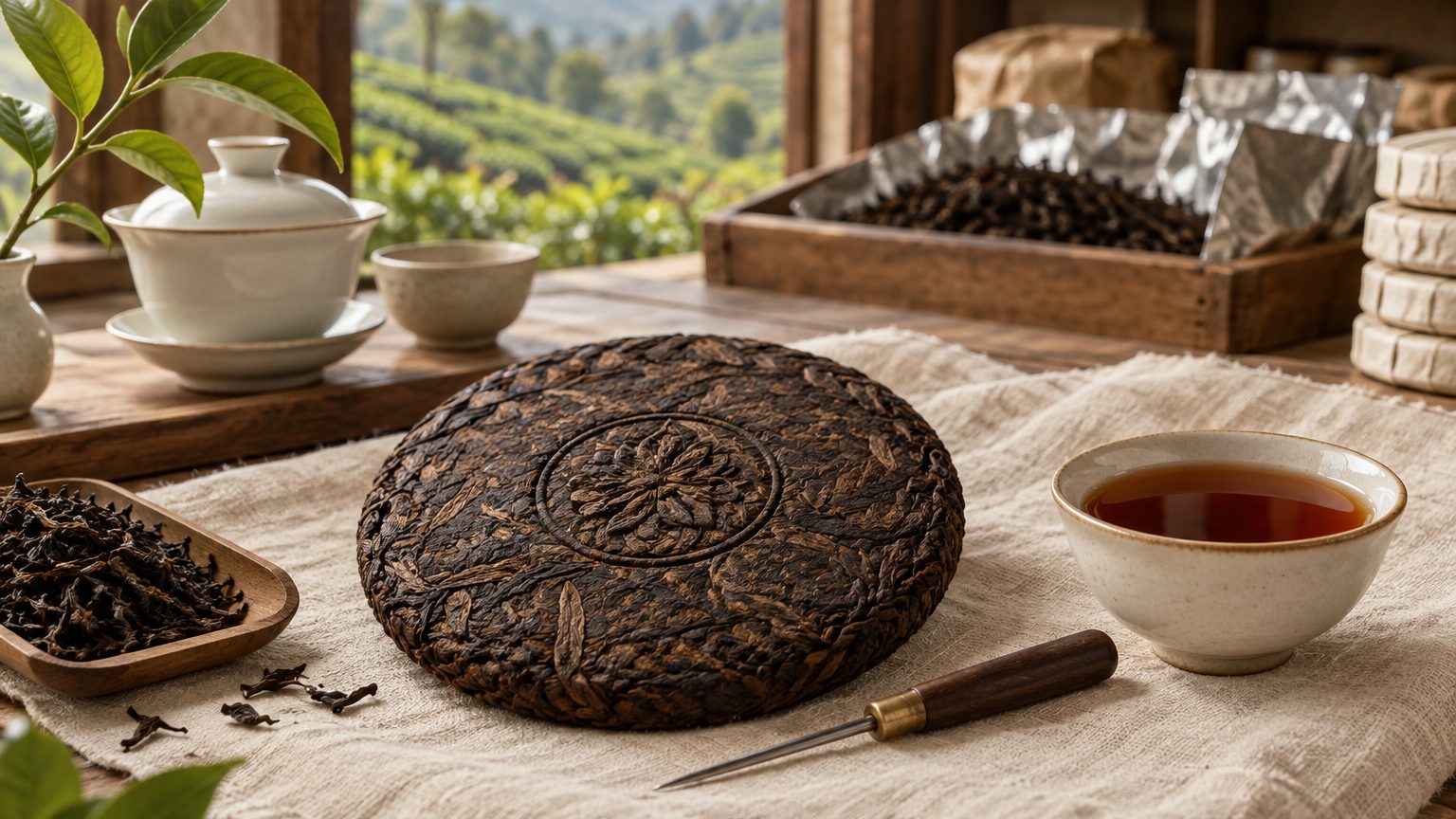 Ripe pu-erh cake 357 g bing with chestnut-red liquor in a glass pitcher