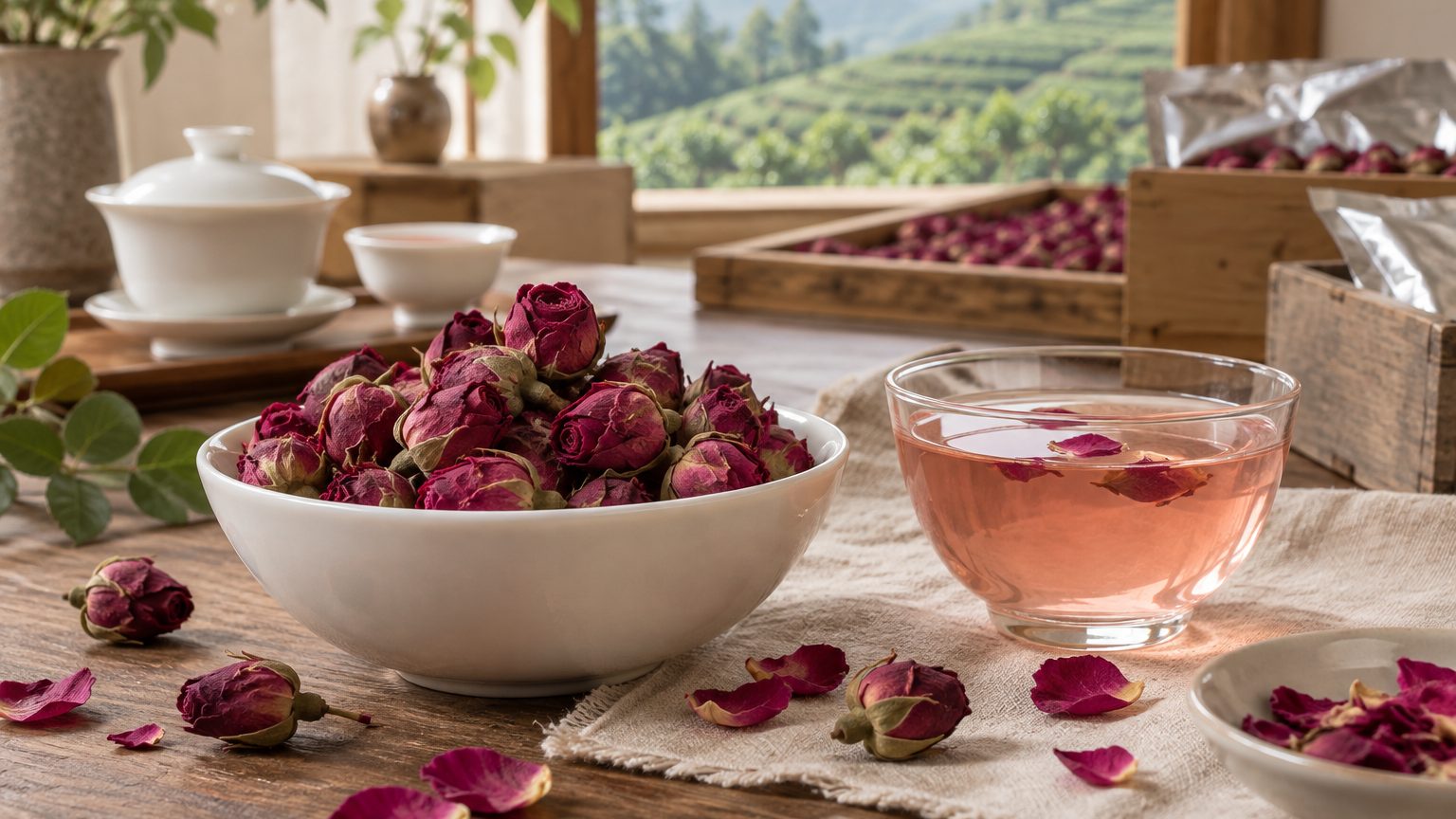 Whole dried rose buds for rose herbal tea beside a glass cup of pale pink infusion