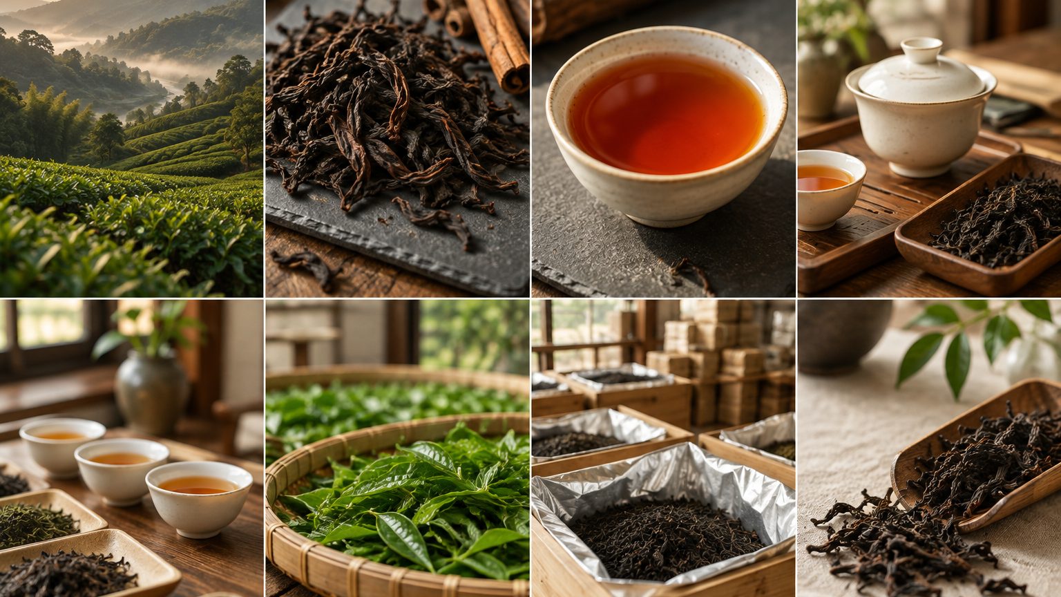 Twisted Rougui rock oolong dry leaf with a gaiwan of orange-red liquor and cinnamon bark on a tea tray