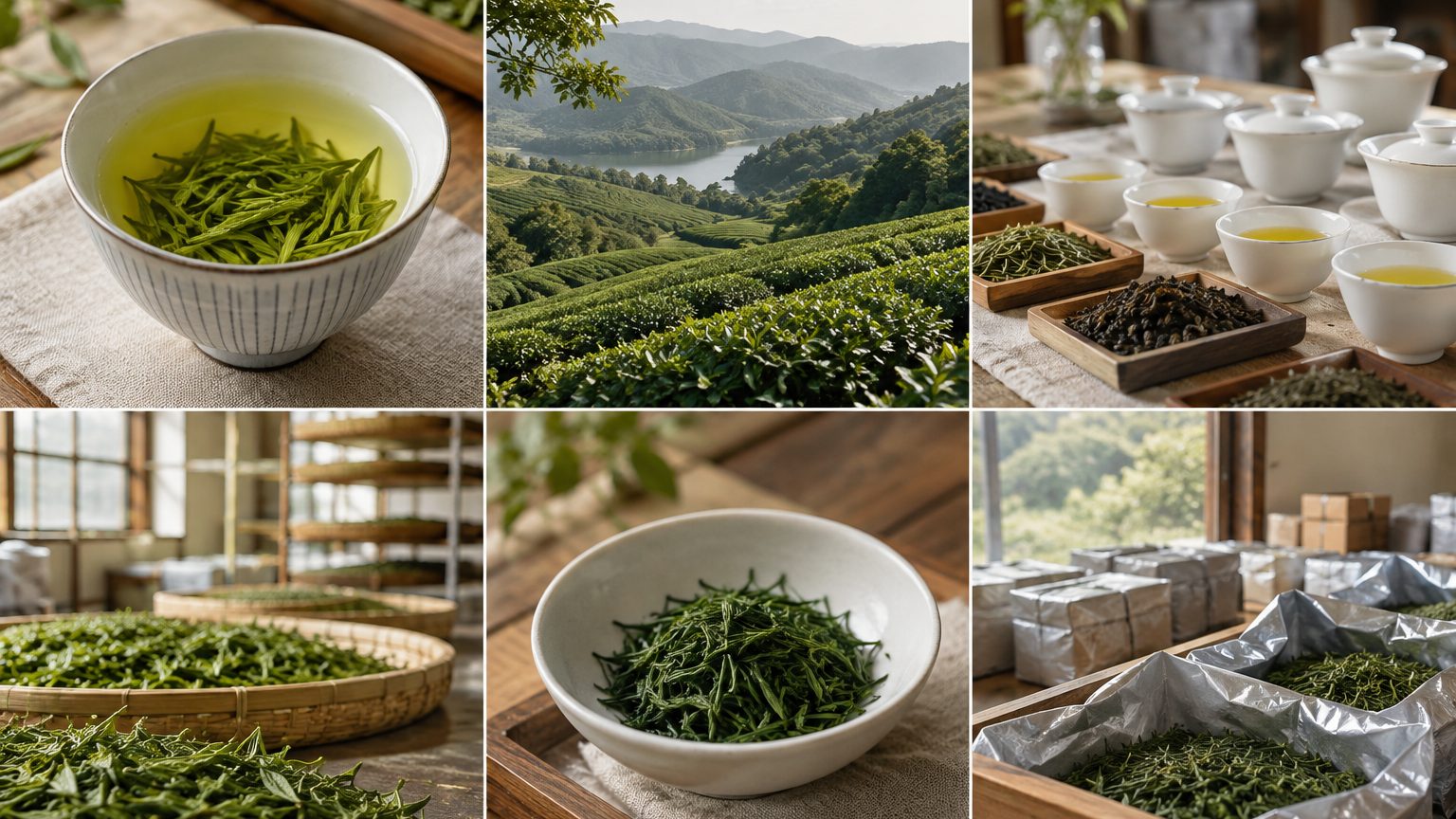 Deep green needle leaves of steamed sencha green tea on a cupping tray