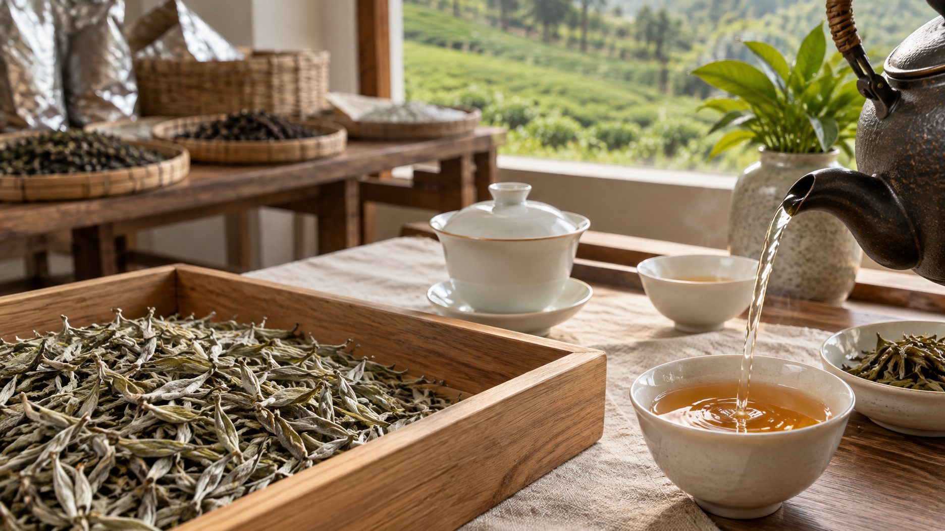 Shoumei white tea pressed cake with loose leaves and a deep amber boiled cup