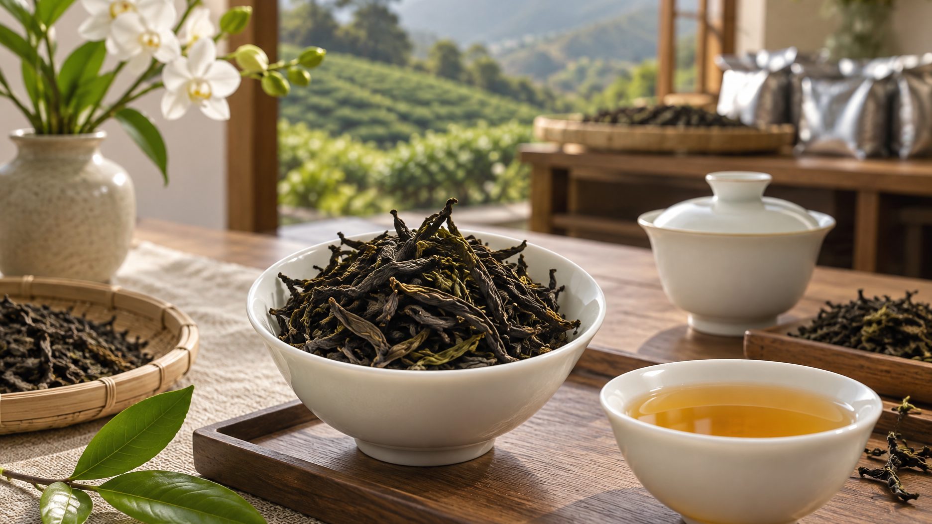 Shui Xian oolong dark strips in a porcelain dish with orange-red liquor and orchid flower beside it