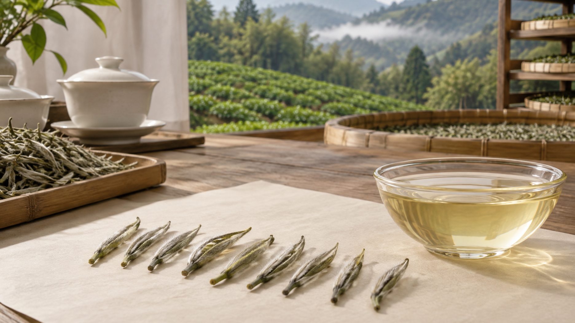 Silver Needle white tea buds covered in silvery down beside a pale apricot liquor in a glass