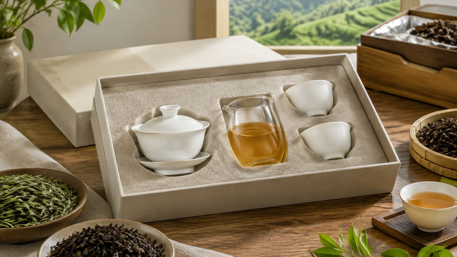 Gaiwan tea set bundle with porcelain pitcher and cups arranged beside tins of tea in a gift box