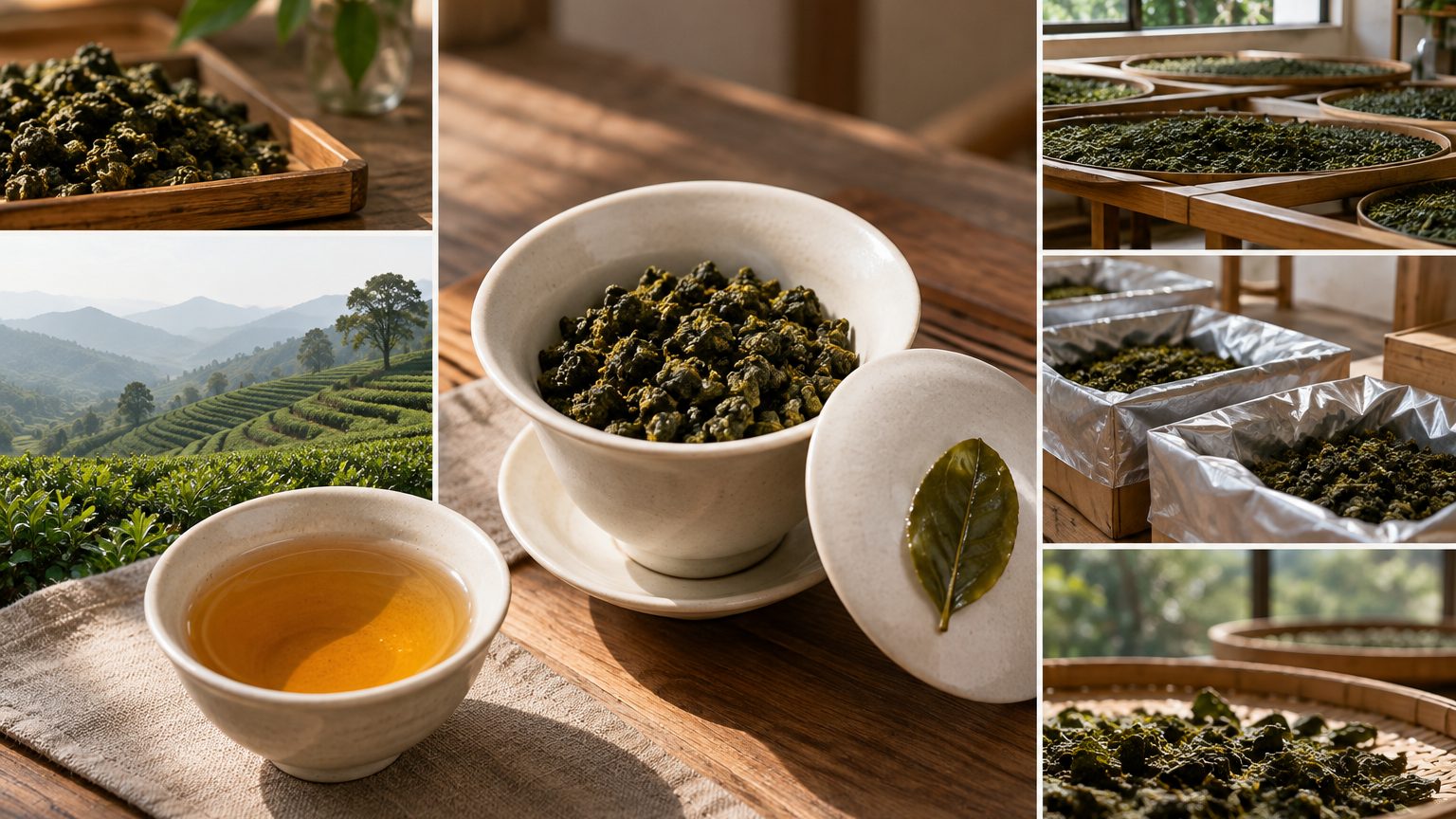 Rolled Tieguanyin oolong granules unfurling in a white gaiwan on a tasting table