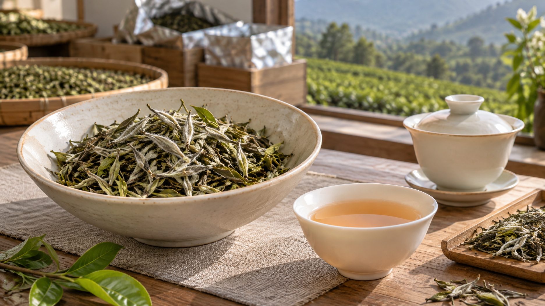 White Peony white tea with buds and leaves beside an apricot-colored liquor in tasting cups
