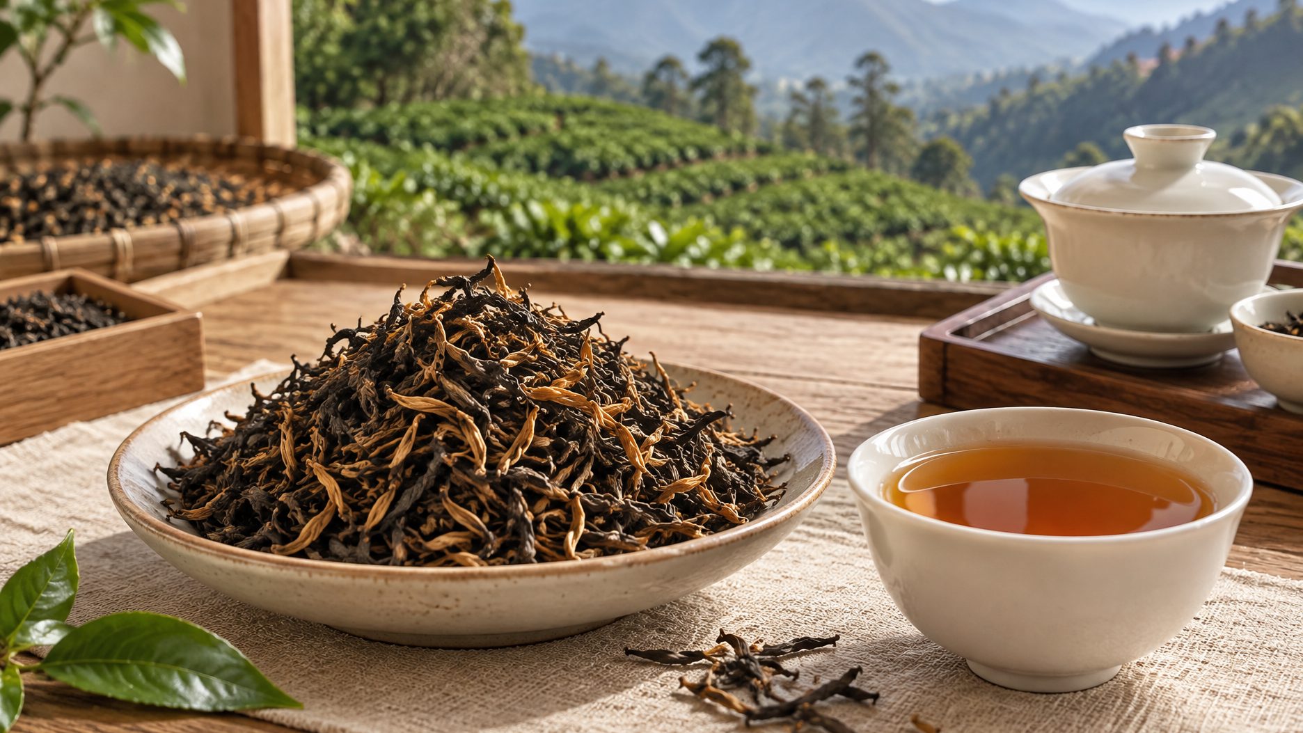 Dianhong Yunnan black tea strips with golden tips and a deep red liquor in a tasting set