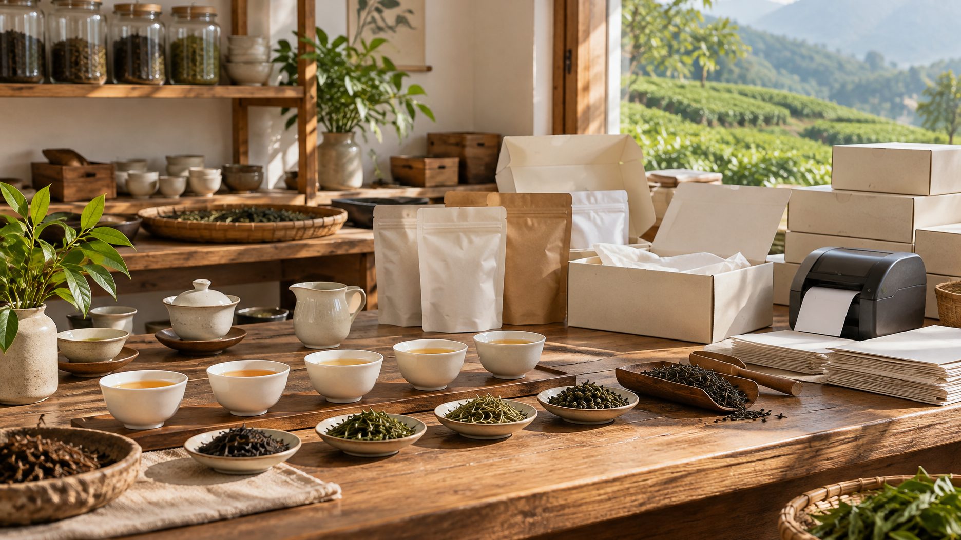 Tea gift box with pyramid bags and a gaiwan styled for an online store photo shoot