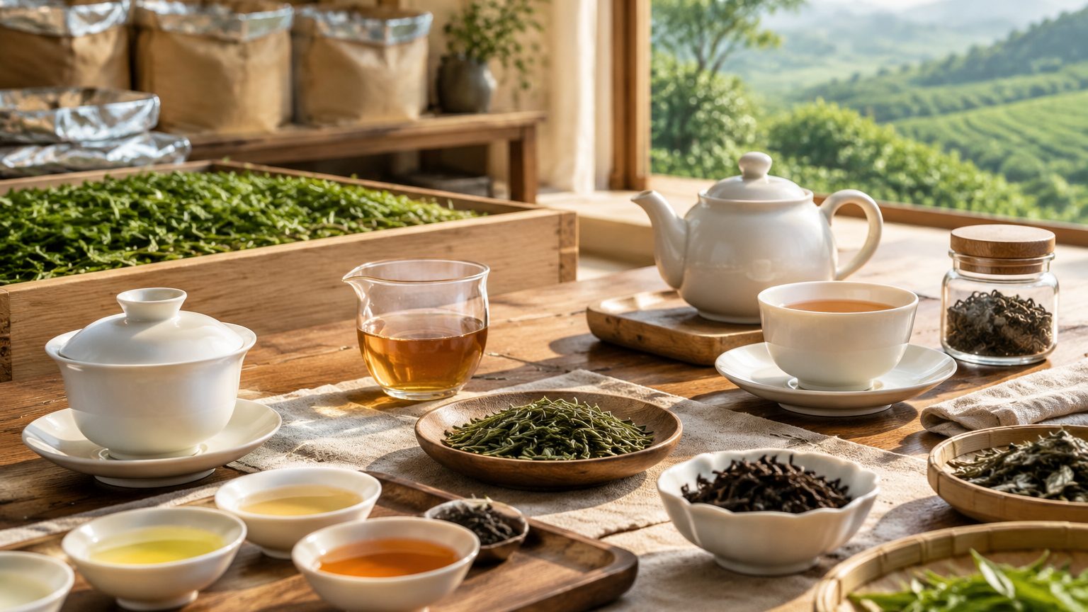 Cafe service tray with a pyramid tea bag pot and roasted oolong leaves weighed on a scale