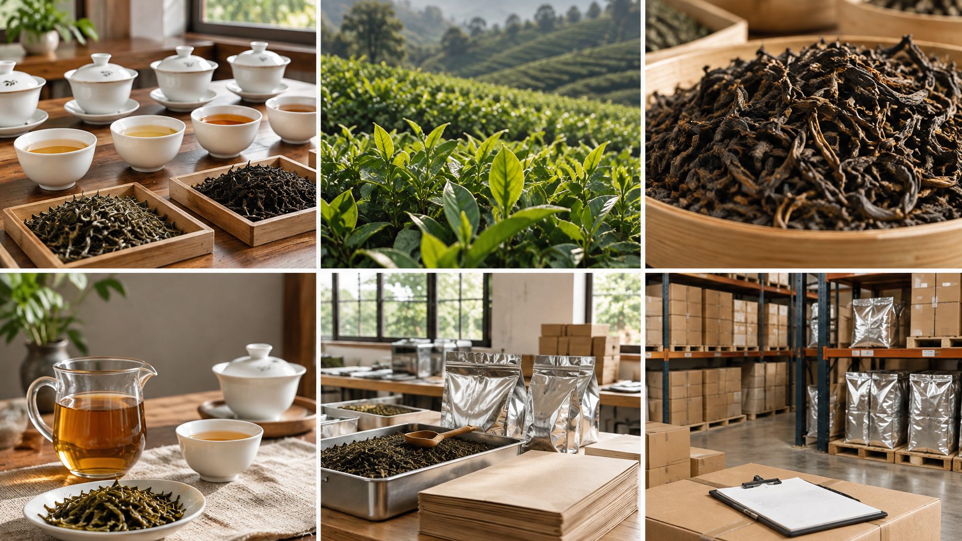 Retail tea wall with pouches and tins in front of stacked export cartons and document folders